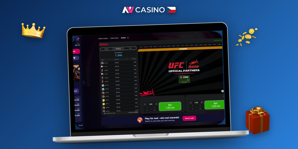 Hráč u notebooku spouští Aviator online demo v NV Casino s viditelnou křivkou a auto-cashoutem