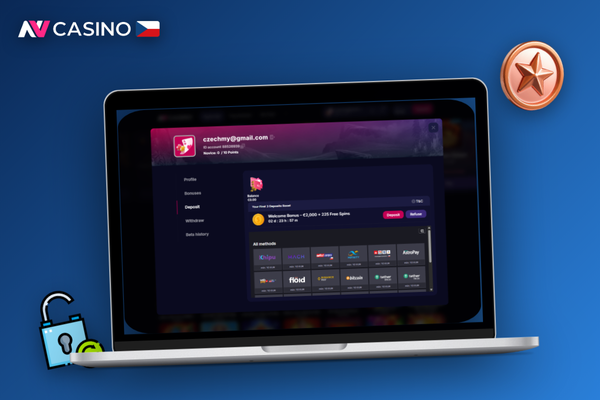 Hráč využívá uvítací bonus a free spiny v NV Casino na notebooku se zlatým zůstatkem