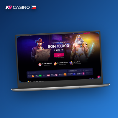 Silueta Apple notebooku s rozhraním NV Casino spuštěným v prohlížeči na macOS