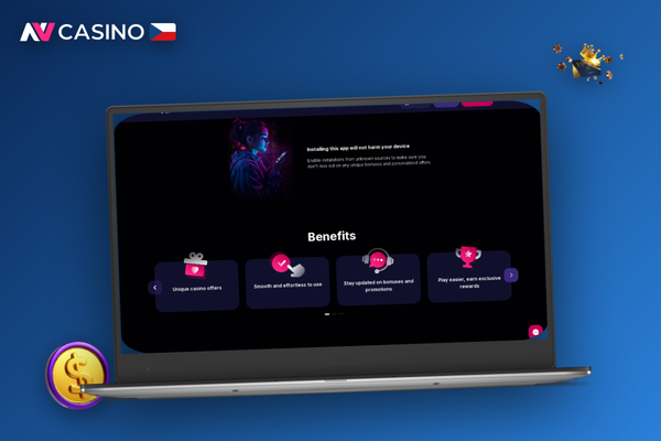 Přihlašovací okno desktopového klienta NV Casino pro počítač s herní lobby v pozadí
