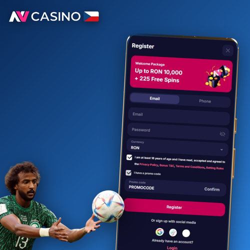 NV Casino registrace – přihlašovací formulář s polem pro e-mail, heslo a ikonami sociálních sítí